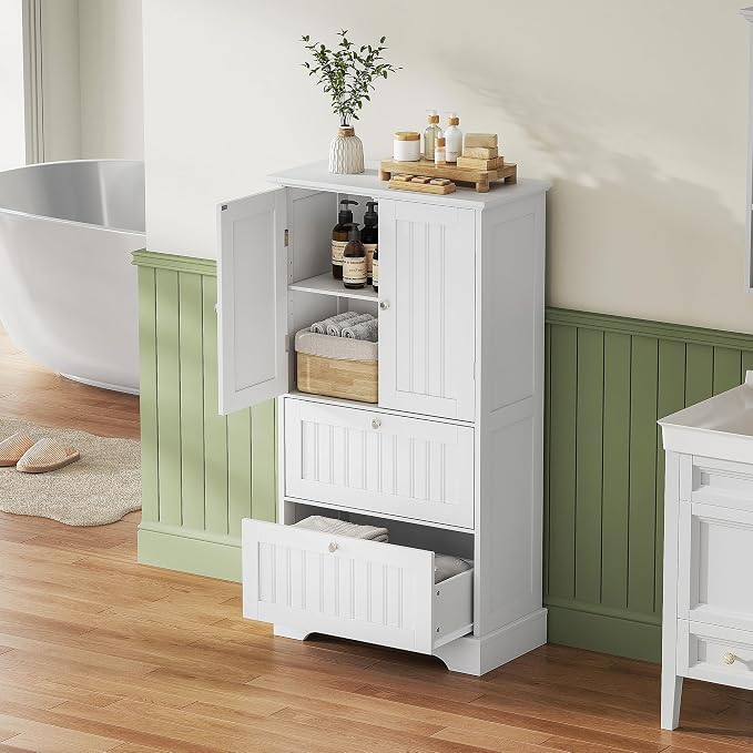 Treocho Bathroom Floor Cabinet with 2 Drawers and Adjustable Shelf | Bathroom Storage Cabinet, Freestanding Cupboard Pantry for Kitchen, Living Room, Dining Room, White