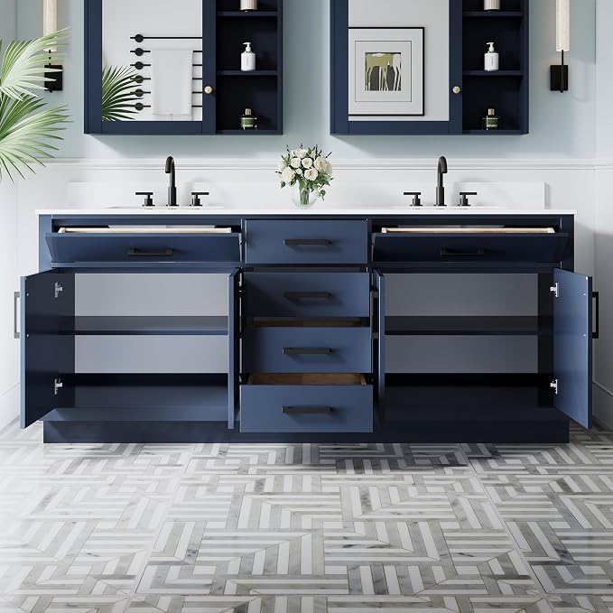 80-Inch Bathroom Vanity with Double Sinks W/ 4 Doors & 4 Drawers & 2 Flip Drawers, Navy Blue Vanity W/Matte Black Handles