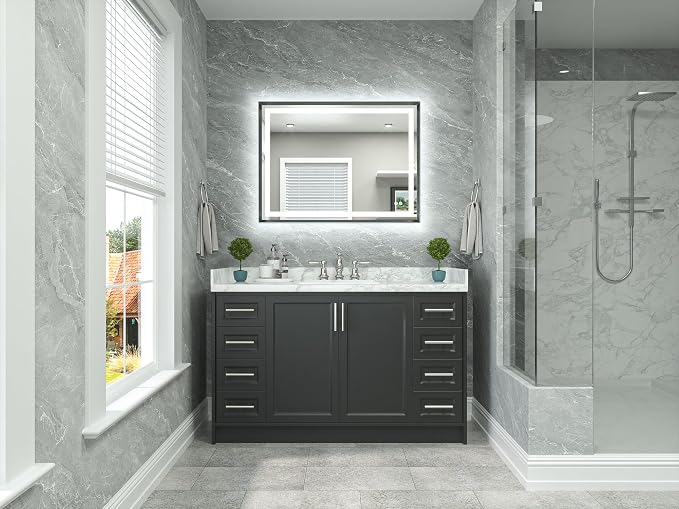 Led Bathroom Mirror 40 x 30 with Brushed Gunmetal Gray/Off‑Black Frame Anti-Fog Frontlit & Backlit Vanity Mirror Stepless Dimmable Lighted Mirrors for Bathroom Wall