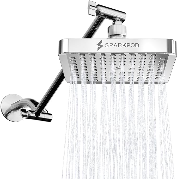SparkPod 6" Square Rain Shower Head with 11" Shower Arm | Shower Head & Extension Arm Combo, Height Adjustable, High Pressure Performance, Easy 1-Minute Installation, Polished Chrome