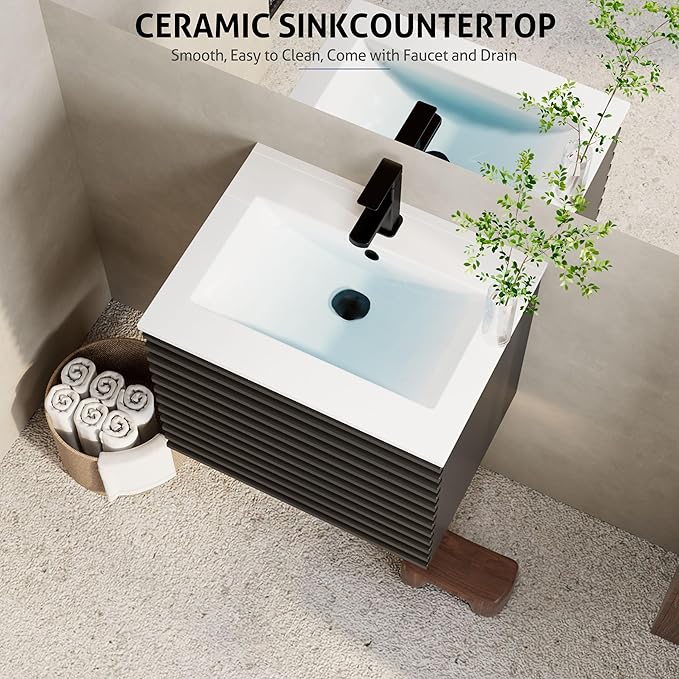 eclife 24" Floating Bathroom Vanity with Sink Combo Mid-Century Wall Mounted Cabinet with Wood Stripes Decor, Drawers, Undermount Single Sink, Faucet, Drain, Black