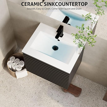 eclife 24" Floating Bathroom Vanity with Sink Combo Mid-Century Wall Mounted Cabinet with Wood Stripes Decor, Drawers, Undermount Single Sink, Faucet, Drain, Black