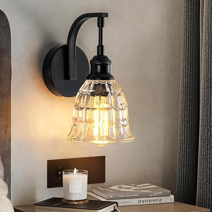 Modern Black Wall Sconce, Bathroom Vanity Fixture with Clear Glass | Vintage Vanity Light for Bathroom, Indoor Wall Lamps for Living Room Bedroom Kitchen Hallway Stairway E26 Hardwire
