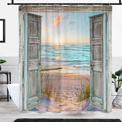 Boho Beach Coastal Shower Curtain, Teal Ocean Sunrise Seaside Seascape Nautical Beachy Shower Curtain Set, Rustic Barn Door Seashore Fabric Shower Curtain for Bathroom 12 Hooks, 72"×78" Turquoise