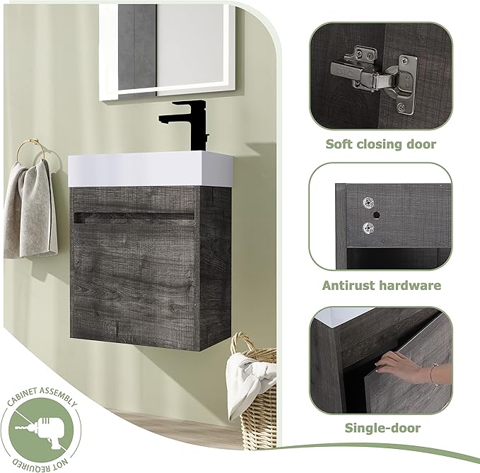 18" Bathroom Vanity with Sink, 18 Inch Floating Bathroom Vanity for Small Space, Single Sink Bathroom Vanity Combo, Modern Bathroom Vanity, Grey Wall Mounted Cabinet Set（005）