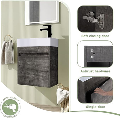 18" Bathroom Vanity with Sink, 18 Inch Floating Bathroom Vanity for Small Space, Single Sink Bathroom Vanity Combo, Modern Bathroom Vanity, Grey Wall Mounted Cabinet Set（005）