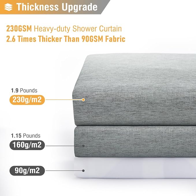 48x72 Linen Textured Waterproof Fabric Shower Curtain Set, Grey/Gray | Stall Size, 230GSM Polyester, Heavy Duty Cloth, Weighted Hem, 8 Plastic Hooks, Modern Luxury Hotel Style, Machine Washable