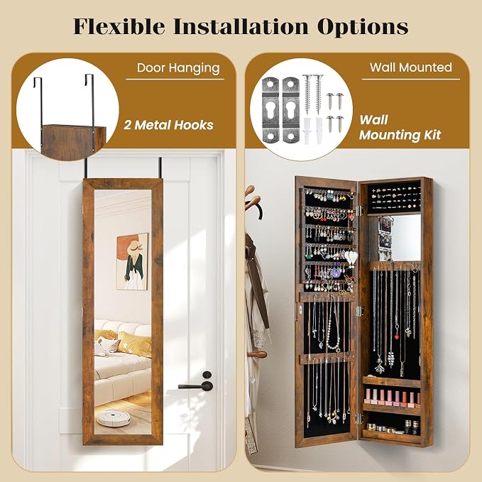 COSTWAY Full Length Mirror Jewelry Armoire, Wall Door Mounted Jewelry Cabinet Organizer with Makeup Mirror, Ring Slots and Necklace Hooks for Bedroom, Dressing Room (Rustic Brown)
