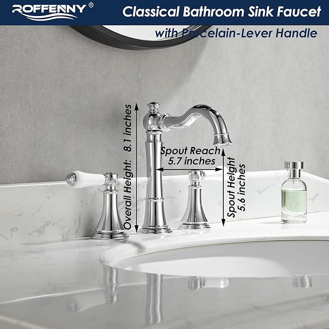 Porcelain 2-Handle Chrome Bathroom Faucets 8 inch Widespread for 3 Holes with Plastic Pop-Up Drain & 2Pcs Water Supply Lines, Classic Chrome Bathroom Vanity Sink Faucet, Brass Swivel Spout
