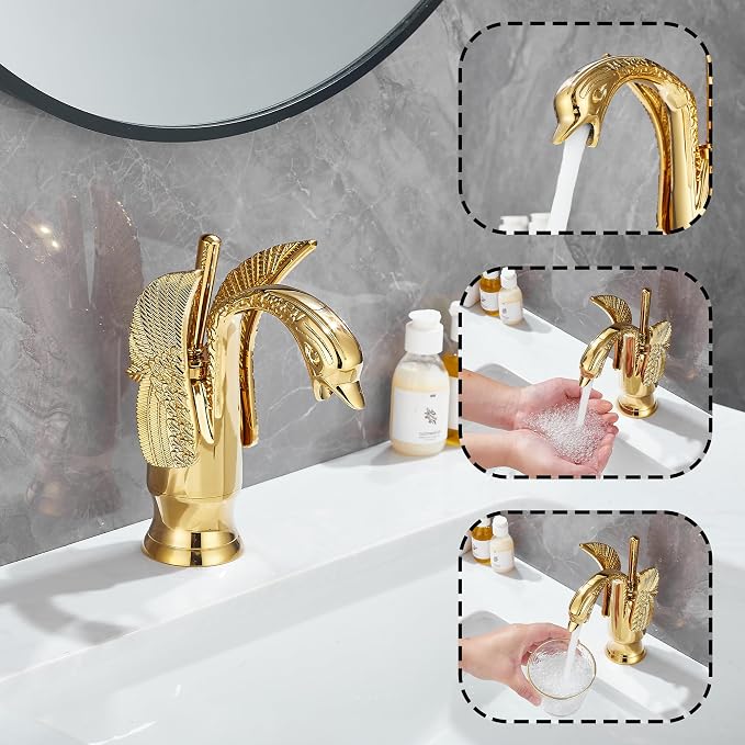 Gold Bathroom Faucet GGStudy Swan Shape Single Handle One Hole Bathroom Vanity Faucet Basin Tap Deck Mount Lavatory