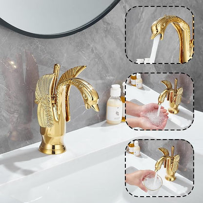 Gold Bathroom Faucet GGStudy Swan Shape Single Handle One Hole Bathroom Vanity Faucet Basin Tap Deck Mount Lavatory