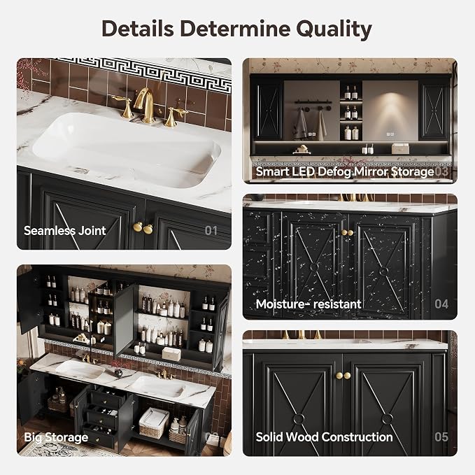 Double Sink Bathroom Vanity, Luxurious Bathroom Vanity with LED Smart Defog Mirror, Solid Freestanding Wood Vanity Sink Cabinet