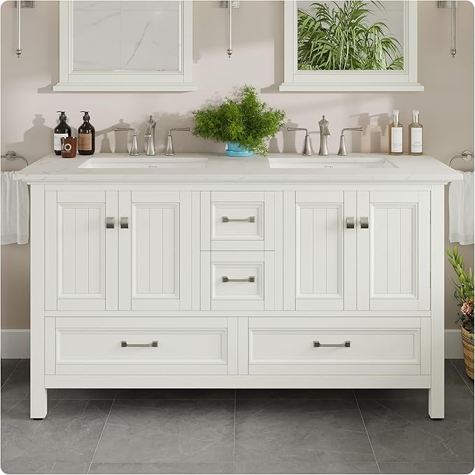 Eviva Britney 60 in. White Double Sink Bath Vanity with Carrara Quartz Top and Undermount Porcelain Sinks