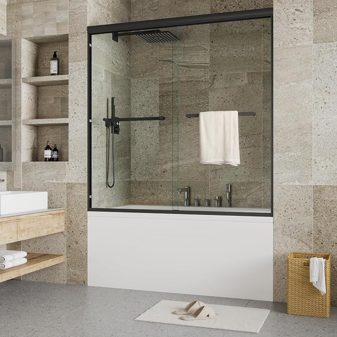 Sliding Shower Door, Aluminum Frame 60 inch W×59 inch H Glass Shower Door, Double Sliding Panels, Matte Black Finish, Easy Clean Glass, for Tub and Bathroom