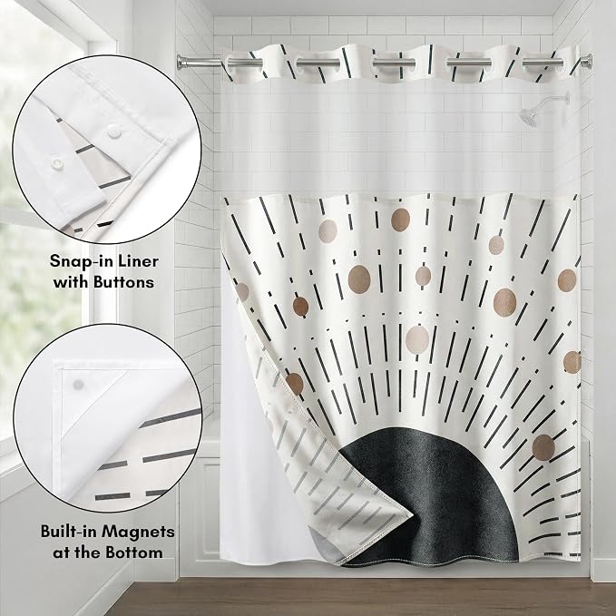 Americanflat 72x75 Hookless Shower Curtain - Water-Resistant Modern Boho Shower Curtain with Sheer Panel, Snap-in Liner, and Grommets - 100% Polyester - Black, Bronze, and White