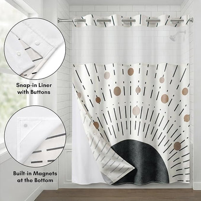 Americanflat 72x75 Hookless Shower Curtain - Water-Resistant Modern Boho Shower Curtain with Sheer Panel, Snap-in Liner, and Grommets - 100% Polyester - Black, Bronze, and White