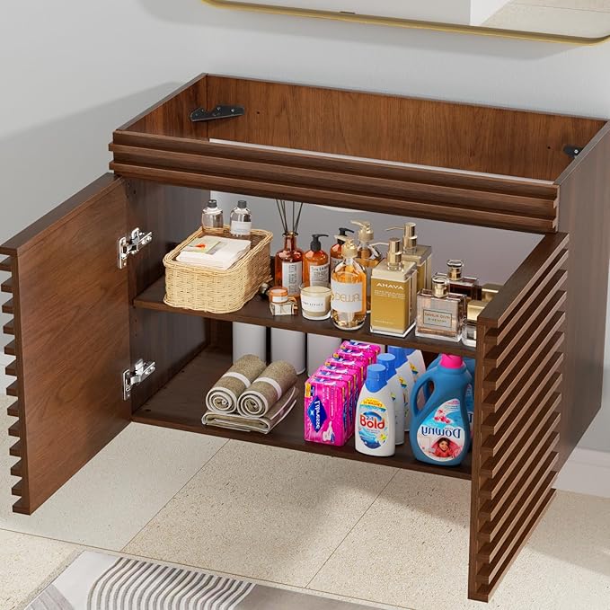 ROOMTEC 36" Bathroom Vanity, Mid-Century Wall Mounted Floating Cabinet with 2 Closing Doors, Wood Grain Texture, Walnut (Sink Basin Not Included)