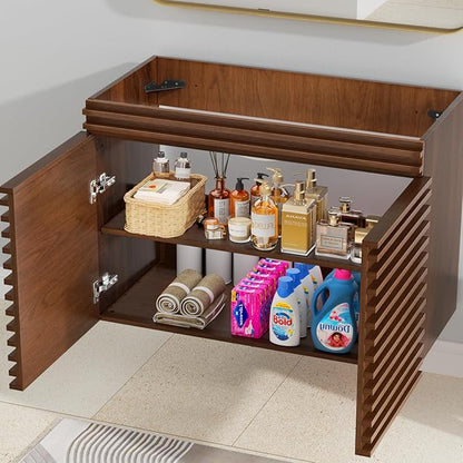 ROOMTEC 36" Bathroom Vanity, Mid-Century Wall Mounted Floating Cabinet with 2 Closing Doors, Wood Grain Texture, Walnut (Sink Basin Not Included)