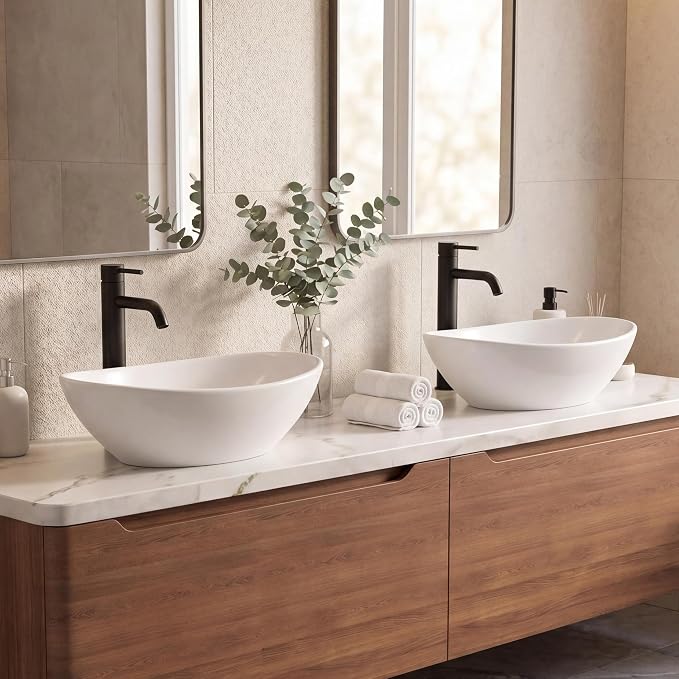 JONATHAN Y Cascade 16" x 13.5" Oval Ceramic Vessel Bathroom Sink, White | Above Counter Installation, Glossy Finish, Modern Minimalist Style, 5.75" Height, 1.75" Drain Hole