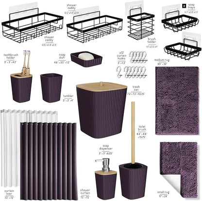 Clara Clark Bathroom Accessories Set - 27PC Bathroom Set with Adhesive Corner Shower Caddy Hanging, Bathroom Sets with Shower Curtain and Rugs, Purple Shower Curtain Set with Bathroom Trash Can | 27 Piece Purple Bathroom Sets with Shower Curtain and Ru...