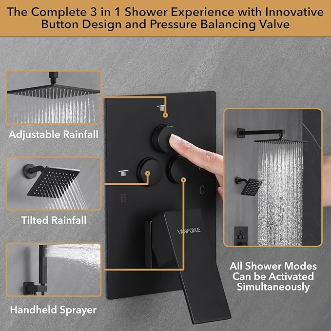 VANFOXLE Shower Faucet Set Matte Black Shower System,Push Button Diverter Shower Faucet with 2 in 1 Handheld, Wall Mount Increased Thickness 10 Inch Shower Head with 6 Inch Shower Head
