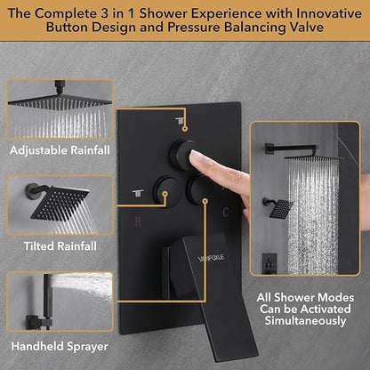 VANFOXLE Shower Faucet Set Matte Black Shower System,Push Button Diverter Shower Faucet with 2 in 1 Handheld, Wall Mount Increased Thickness 10 Inch Shower Head with 6 Inch Shower Head
