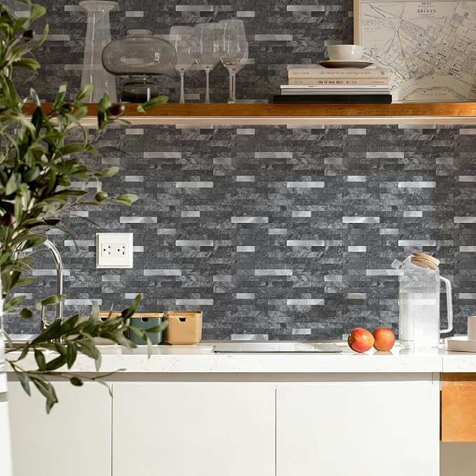STICKGOO Peel and Stick Backsplash,PVC Wall Tiles Stick on Backsplash for Kitchen(10 Sheets, Black Slate with Metal Silver),(12 inch x 11.7 inch)