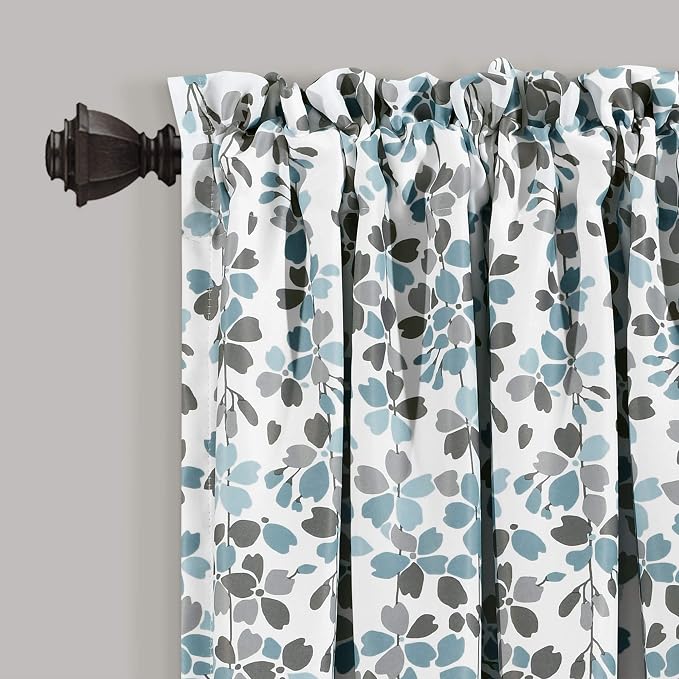 Lush Decor Weeping Flower Light Filtering Window Curtain Panels, Pair, 52"W x 63"L + 2" Header, Blue & Gray - Charming Modern Floral Curtains for Living Room, Dining Room, & Bedroom