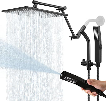All Metal 10 Inch Rain Shower Head with Handheld Built-in Power Wash Mode, High Pressure Waterfall Rainfall Square Shower Heads with 16" Adjustable Extension Arm, Dual Showerhead, Matte Black
