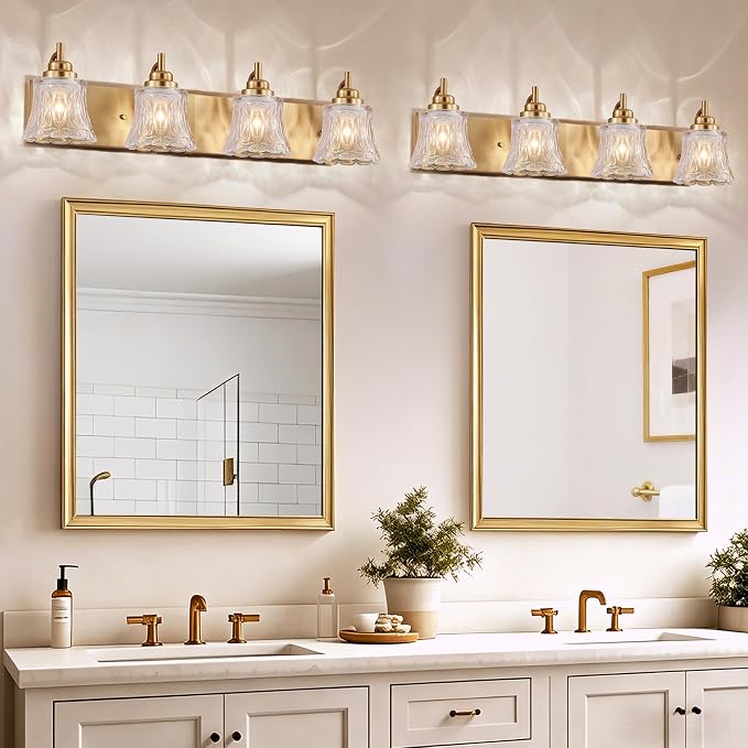 LmnLvn Brushed Gold Bathroom Light Fixtures, 4-Light Crystal Glass Shade | Mounted Over Mirror, Antique Brass Accents, Vintage Vanity Light for Bedroom & Living Room, Easy To Install