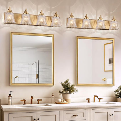 LmnLvn Brushed Gold Bathroom Light Fixtures, 4-Light Crystal Glass Shade | Mounted Over Mirror, Antique Brass Accents, Vintage Vanity Light for Bedroom & Living Room, Easy To Install