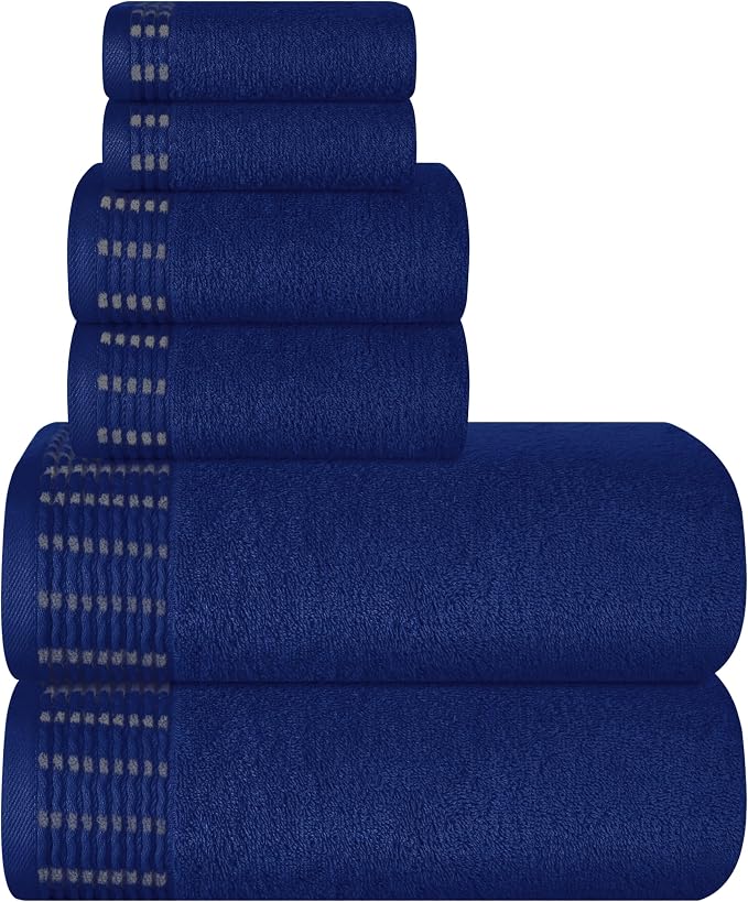 Ultra Soft 6 Pack Cotton Towel Set, Contains 2 Bath Towels 28x55 inch, 2 Hand Towels 16x24 inch & 2 Wash Cloths 12x12 inch, Ideal Everyday use, Compact & Lightweight - Navy Blue