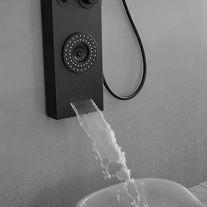 BWE Shower Panel with LED Rainfall Waterfall Shower 6-Function Faucet 4 Mist Jets 2 Body Sprays with Handheld and Waterfall Tub Spout Shower Tower System Matte Black
