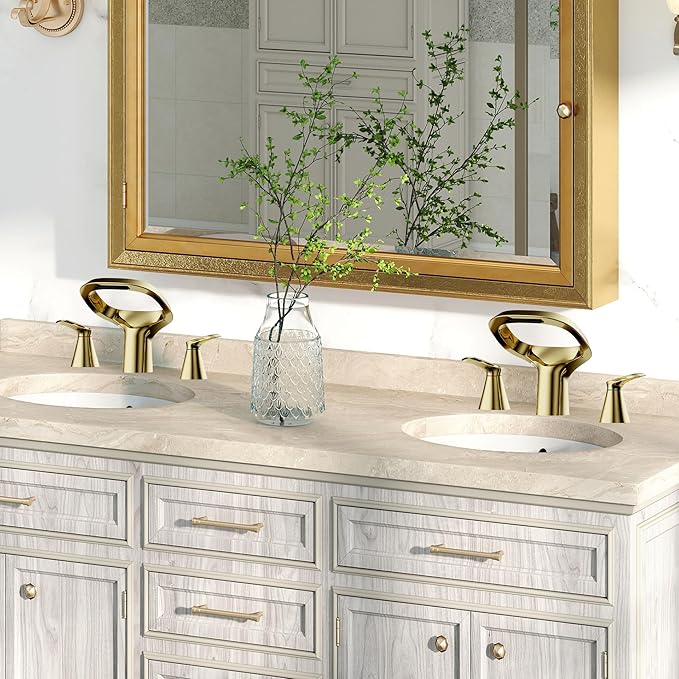 Gold Bathroom Faucet 3 Hole, 8 Inch Widespread Gold Faucets 2-Handle for Bathroom Vanity Sink with Adjustable Spout, with Supply Line, for 6 to 12 in Sink