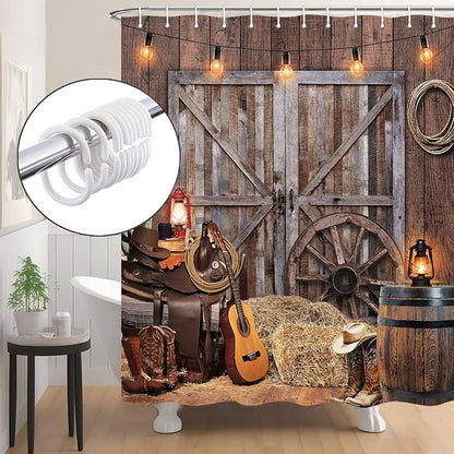 Western Cowboy Shower Curtain with Rustic Barn Door, Farmhouse Country Cactus Shower Curtains for Bathroom, Farm Wooden Vintage Fabric Bathtub Decor Accessories with Hooks, 70X70IN