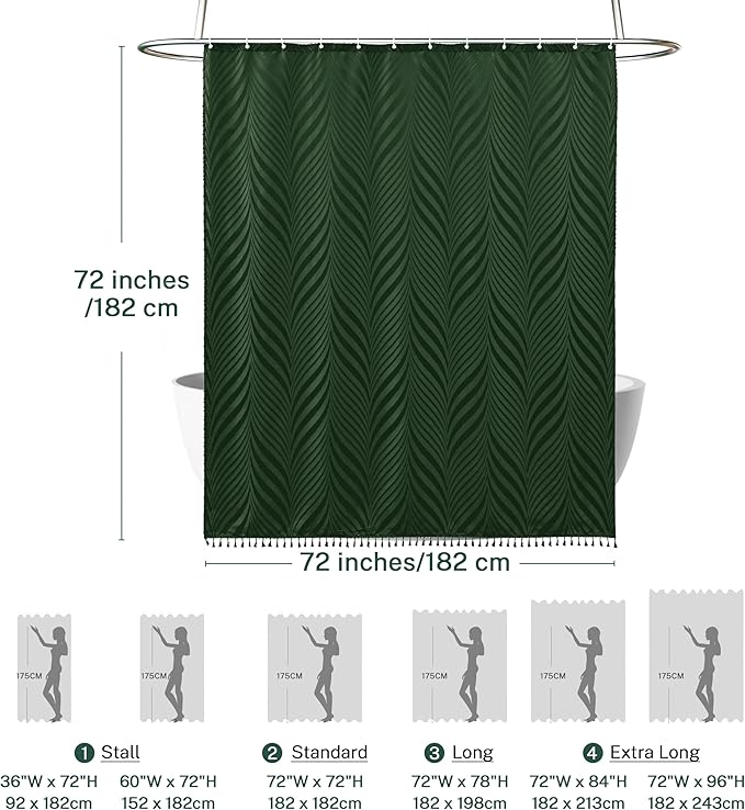 Dark Green Boho Shower Curtain Green Shower Curtain for Bathroom Fabric Tufted Chervon Textured Shower Curtains Elegant Cloth Shower Curtains Cute, 72" x72"