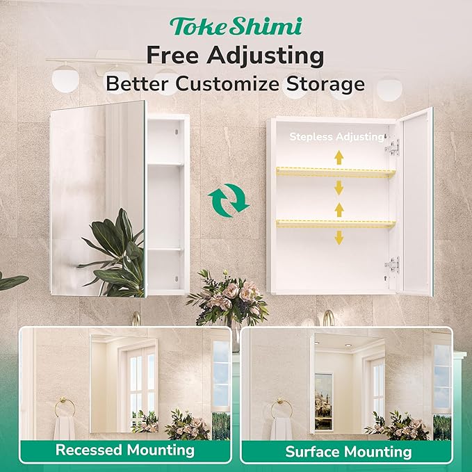 TokeShimi 24x32 Mirrored Medicine Cabinet Recessed or Wall Mount, Aluminum Tempered White Bathroom Medicine Cabinet with Mirror with Stepless Adjustable Storage Metal for Modern Farmhouse
