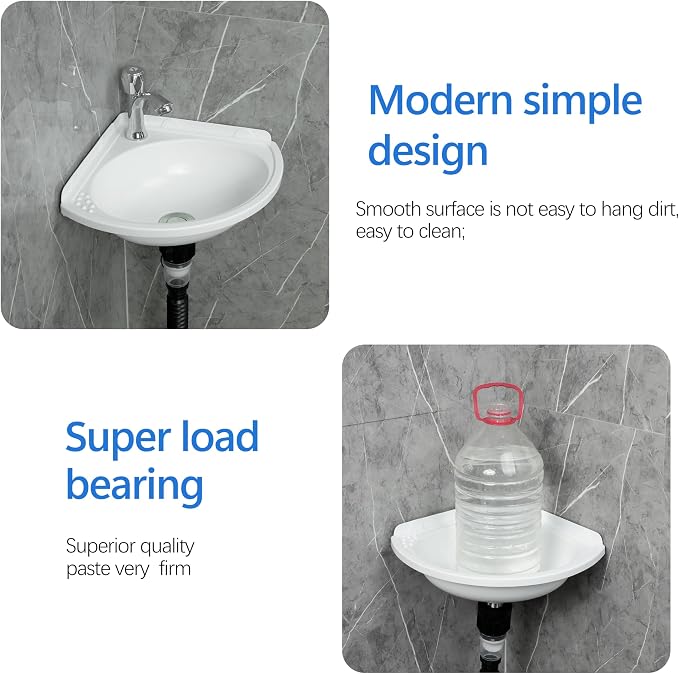 Small Bathroom Sink Wall Mount Bathroom Corner Sink, Triangular wash basin No-Drill Installation Self-Adhesive 12 x 12 Inch with 1.26 Inch Faucet Hole, Mini Rv sink Plastic Sink for Home, Dorm, Garage