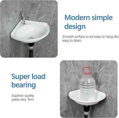 Small Bathroom Sink Wall Mount Bathroom Corner Sink, Triangular wash basin No-Drill Installation Self-Adhesive 12 x 12 Inch with 1.26 Inch Faucet Hole, Mini Rv sink Plastic Sink for Home, Dorm, Garage