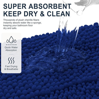 Smiry Thick Chenille Bathroom Runner Rugs 59x20, Absorbent Bath Mat, Navy | Quick‑Dry & Machine Washable, Non‑Slip Bath Carpet, Soft Striped Bath Rugs for Tub & Shower, Modern Home Decor Accessories