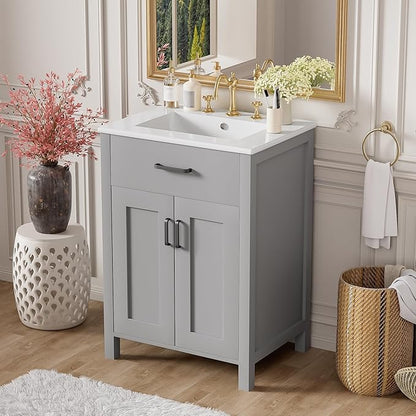 24" Bathroom Vanity with Sink, Modern Bathroom Vanity 24 Inch with Sink, 24 Bathroom Sink Vanity with Flip Drawer, Cabinet and Door Shelves, 24" Vanity with Sink for Bathroom (Grey)