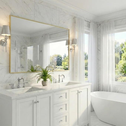 55"x30" Satin Gold Wide Bathroom Wall Mirror for Double Vanity | Wide Double Vanity Mirror, Slim Metal Frame, Long Console or Buffet Use, Vertical/Horizontal Mount, Tempered Glass