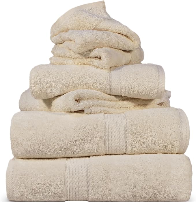 SUPERIOR Egyptian Cotton Ultra Plush & Absorbent, 6 Piece Set, Cream | Quick Dry, Soft Luxury Towel Set, Bath Essentials, Guest Bath, Spa, 2 Bath, 2 Hand, 2 Face Towels, Madeline Towels