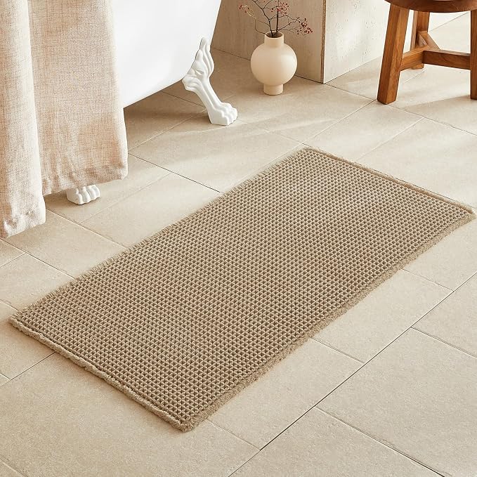 TYUU Waffle Bath Mat, Boho Bathroom Rugs Non Slip Washable, 48x24 Khaki | Super Absorbent Quick Dry Bath Rug, Non-Slip Backing, Soft Waffle Boho Farmhouse Bathroom Mats, Tub, Shower & Home Decor