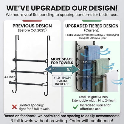 CANYAVE Over The Door Towel Rack, Over Door Towel Rack for Bathroom Door, Triple Towel Storage Holder with Hooks (Matte Black)