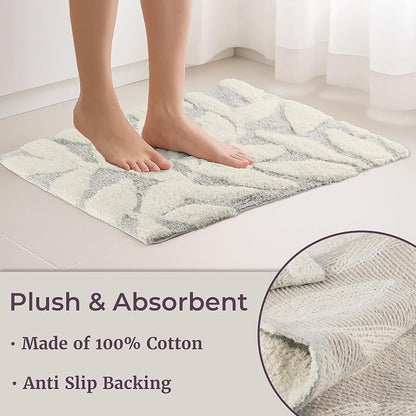 Lavish Home Bathroom Rug Set, Gray, 2-Piece-Set, 35”x22”/25”x18” | 100% Cotton Bath Mats with Textured Botanical Leaf Print for Boho Bathroom Decor - Bath Rugs Non Slip Washable Bathmats