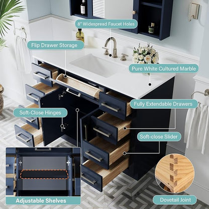 48-Inch Bathroom Vanity with Sink W/ 2 Doors & 8 Drawers & 1 Flip Drawer, Navy Blue Vanity W/Brushed Nickel Handles