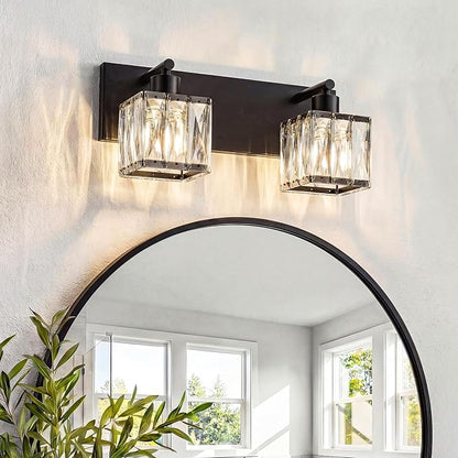 VOLISUN Black Bathroom Light Fixtures, Modern Bathroom Lighting Fixtures Over Mirror, 2 Light Bathrooms Vanity Light, Crystal Vanity Light for Bathrooms-UL Certificated(Exclude Bulb)