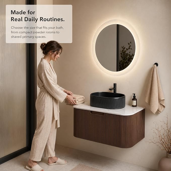 30 Inch Bathroom Vanity with Sink, Floating Wall Mounted Single Sink Vanity, Dark Walnut Curved Fluted Front, Stone Top, Black Textured Oval Vessel Basin, Pre-Assembled