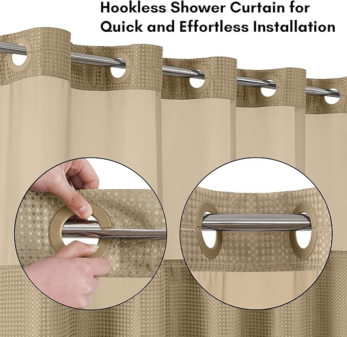 Americanflat 72x75 Hookless Waffle Pattern Shower Curtain - Water-Resistant Long Shower Curtain with Sheer Panel, Snap-in Liner, and Durable Grommets - 100% Polyester - Yellow